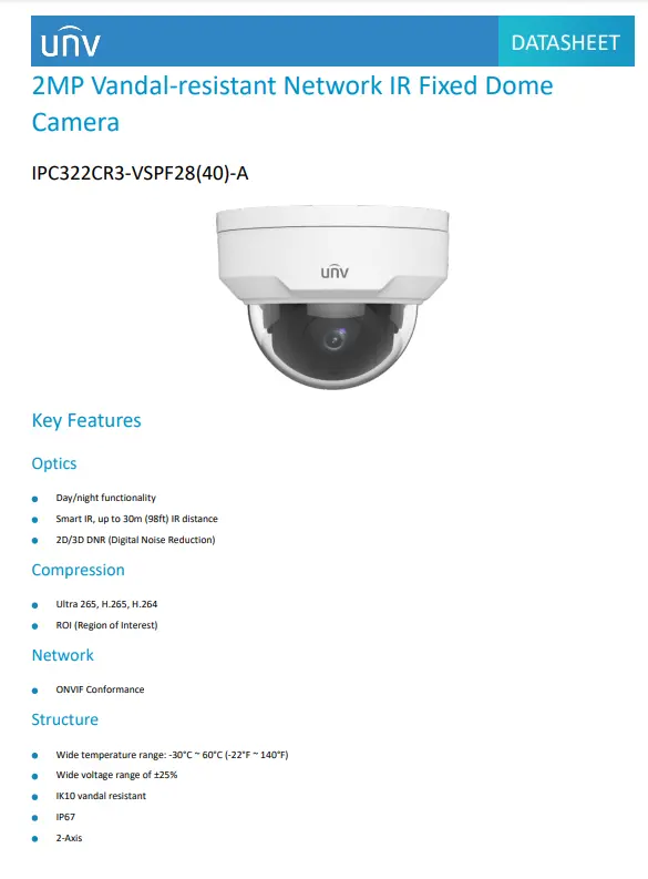 UNV 2MP Dome Camera IPC322CR3-VSPF28 WORLD CLASS CCTV Manufacturer IR 30meters IP67 Weatherproof CCTV Camera Repair Replace Upgrade Sim Lim Square CCTV Shop