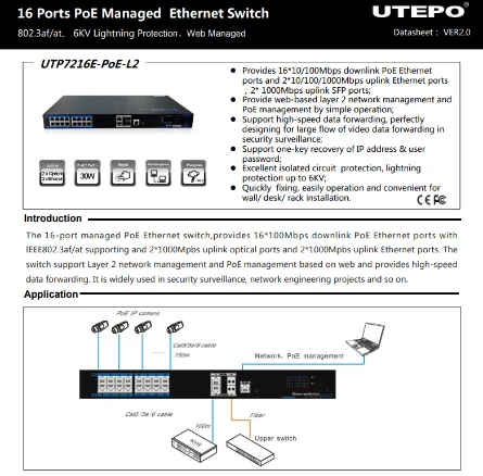 UTEPO Switch PoE Managed UTP7216E-POE-L2 16 Ports Ethernet Switch 16-100Mbps PoE Ethernet ports 2-1000Mpbs uplink optical SFP ports 2-1000Mpbs uplink Ethernet
