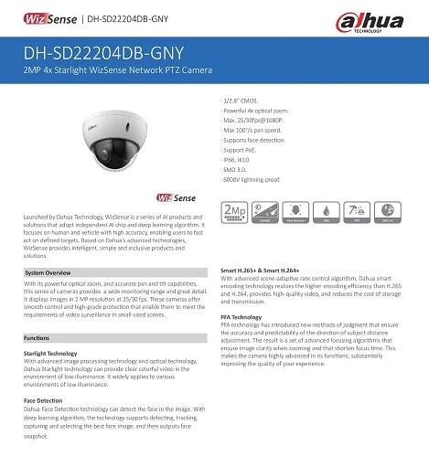 DAHUA CCTV Pan-Tilt-Zoom SD22204DB-GNY 2MP 4X Optical PTZ POE IP66 Starlight Face Detect Night Vision SD Card Hospital School Banks Office DMSS Smart PSS