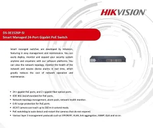 HIKVISION 24-Port Gigabit Switch DS-3E1526P-SI SMART POE SWITCH 24+2 Fiber Optical PoE Watchdog Detect Restart Camera Long Range 300m Surge Protected 6KV