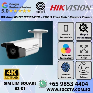 Hikvision POE Bullet Camera DS-2CD2T23G0-I5-I8 2MP 1080P H.265+ 256GB IP67 Hik-connect ivms4200 Super Long IR 50m 80m AI Line Crossing Intrusion Detection.
