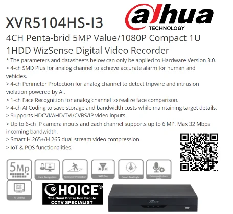 DAHUA DVR RECORDER 4CH DH-XVR5104HS-I3 4 Channel Recorder BNC CVI Resolution Support Smart Search Video Recording and Playback Motion Detection User Management