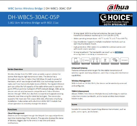 DAHUA WIFI BRIDGE DH-WBC5-30AC-05P IP65 HIGH SPEED 867Mbps Lifts ELEVATOR CCTV FACTORY Port Ship Vessel Wireless 2.4Ghz 5.8Ghz POE MCST Managing CCTV Contractor