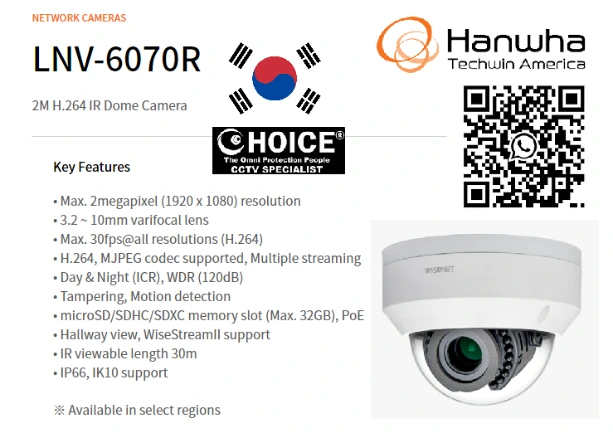 Hanwha Techwin Wisenet LNV-6070R 2Megapixel Full HD Network IR Dome Camera Motion detection Tampering DWDR IR viewable length 30m LDC support Lens Distortion Correction