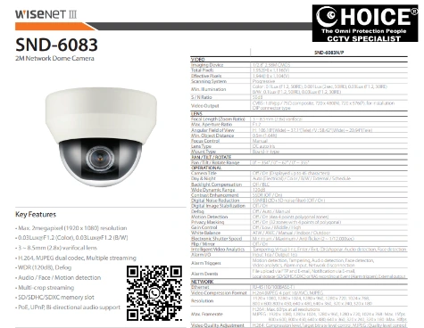 Hanwha Techwin Wisenet SNV-L5083R 1.3M HD Vandal-Resistant Network IR Dome Camera Motion detection Tampering DWDR IR viewable length 20m LDC support Lens Distortion Correction KOREA CCTV CAMERA