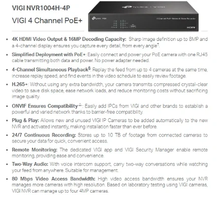 TP-Link 4-Channel PoE+ VIGI NVR1004H-4P Network Video Recorder H.265 ONVIF Protocol Home Security Office Surveillance Retail Security Cameras Installation