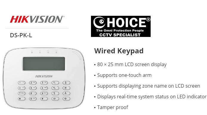 HIKVISION ALARM Wired Keypad DS-PK-L Wired Connectivity Numeric Keypad Backlit Display Tamper Detection Arming/Disarming Security Alarm Home Alarm System