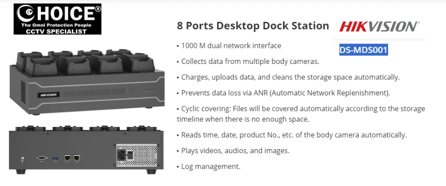 HIKVISION DOCK STATION DS-MDS001 8-Ports BODY WORN CAMERA AUTO UPLOAD BACKUP VIDEOS SUPPORT 32TB STORAGE CLOUD DATA MANAGEMENT SYSTEM Security System Camera