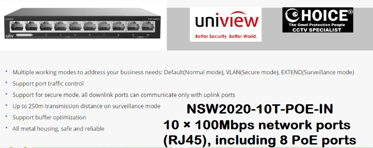 UNV SWITCH 10PORTS NSW2020-10T PoE Managed Switch Layer 2 Layer 3 Redundancy Rack-Mountable CCTV CAMERA POWER SUPPLY