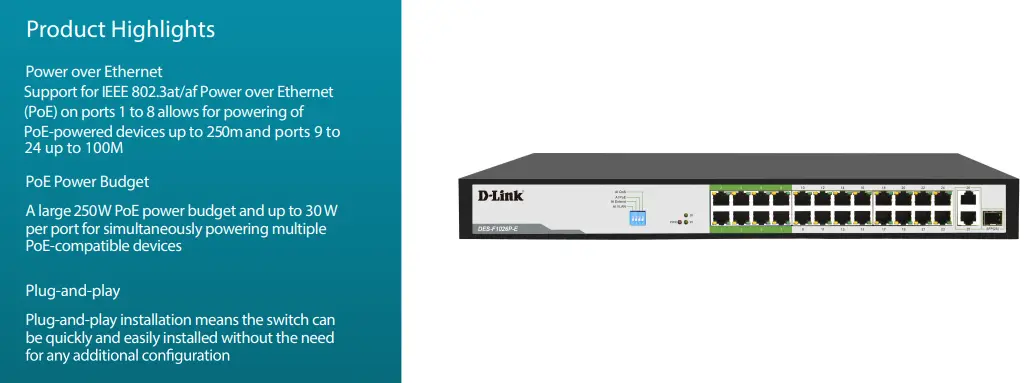 D-Link 24-Port PoE Switch DES-F1026P-E 250M 24 100Mbps Gigabit Fast Ethernet 250W CCTV Switch Singapore POE Switch Repair Replace