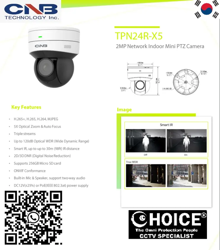 CNB KOREA 2MP INDOOR MINI PTZ CAMERA TPN4R-X5 2MP Resolution Wide Dynamic Range Plug and Play Installation Miniature Size SGCCTV SECURITY PACKAGE CCTV Camera Installation Singapore