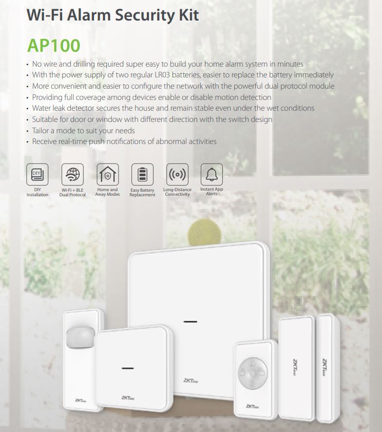 ZKTECO Wi-Fi Alarm Security Kit AP100 Wi-Fi Connectivity Multiple Sensors Wireless Control Expandable System SGCCTV SECURITY PACKAGE CCTV Camera Installation Singapore