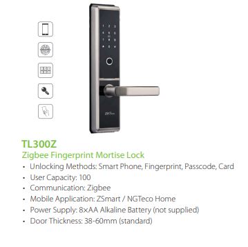 ZKTECO Zigbee Fingerprint Mortise Lock TL300Z Zigbee Connectivity Fingerprint Recognition Mechanical Key Backup Battery Operated SGCCTV SECURITY PACKAGE CCTV Camera Installation Singapore