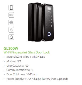 ZKTECO Wi-Fi Fingerprint Glass Door Lock GL300W Fingerprint Recognition Wi-Fi Connectivity Glass Door Compatibility Numeric Keypad SGCCTV SECURITY PACKAGE CCTV Camera Installation Singapore