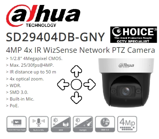 DAHUA PTZ 4X ZOOM SD29404DB-GNY Pan Tilt Zoom PTZ 4MP MIC POE Face Detect DMSS DSS Pro APP Most SECURE CCTV CAMERA