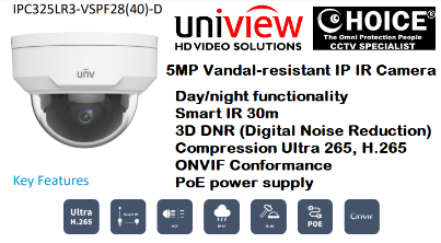 UNV IP Camera IPC325LR3-VSPF28-D 5MP Dome IP67 Weatherproof Night Vision 30m Security System Supplier CCTV Camera Singapore