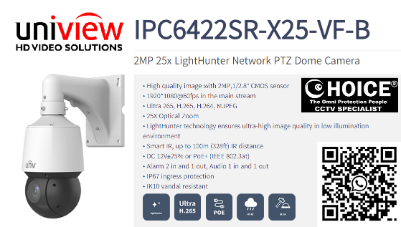 UNV IP CAMERA PTZ IPC6422SR-X25-VF Uniview Pan-Tilt-Zoom 25x Light-hunter 2MP H.265 IP67 CCTV Camera Installation Repair Replace 1 UNV IP CAMERA PTZ IPC6422SR-X25-VF Uniview Pan-Tilt-Zoom 25x Light-hunter 2MP H.265 IP67 CCTV Camera Installation Repair Replace