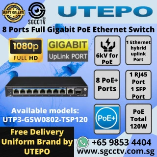 UTP Switch 8Port UTP3-GSW0802-TSP120(V2) 8×PoE Ports 1×RJ45 Port 1xSFP Port CCTV SWITCH SINGAPORE POE Switch Repair NEW 3 UTP 8Port Switch UTP3-GSW0802-TSP120 8×PoE Ports 1×RJ45 Port 1xSFP Port CCTV SWITCH SINGAPORE POE Switch Repair NEW