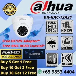 DAHUA CCTV Camera DH HAC T2A21 Night Vision Outdoor Dome Camera DMSS Smart PSS idmss gdmss Ministry Agency CCTV Maintenance Hospital School Camera Installation Dahua Authorised CCTV Singapore CCTV Camera Singapore