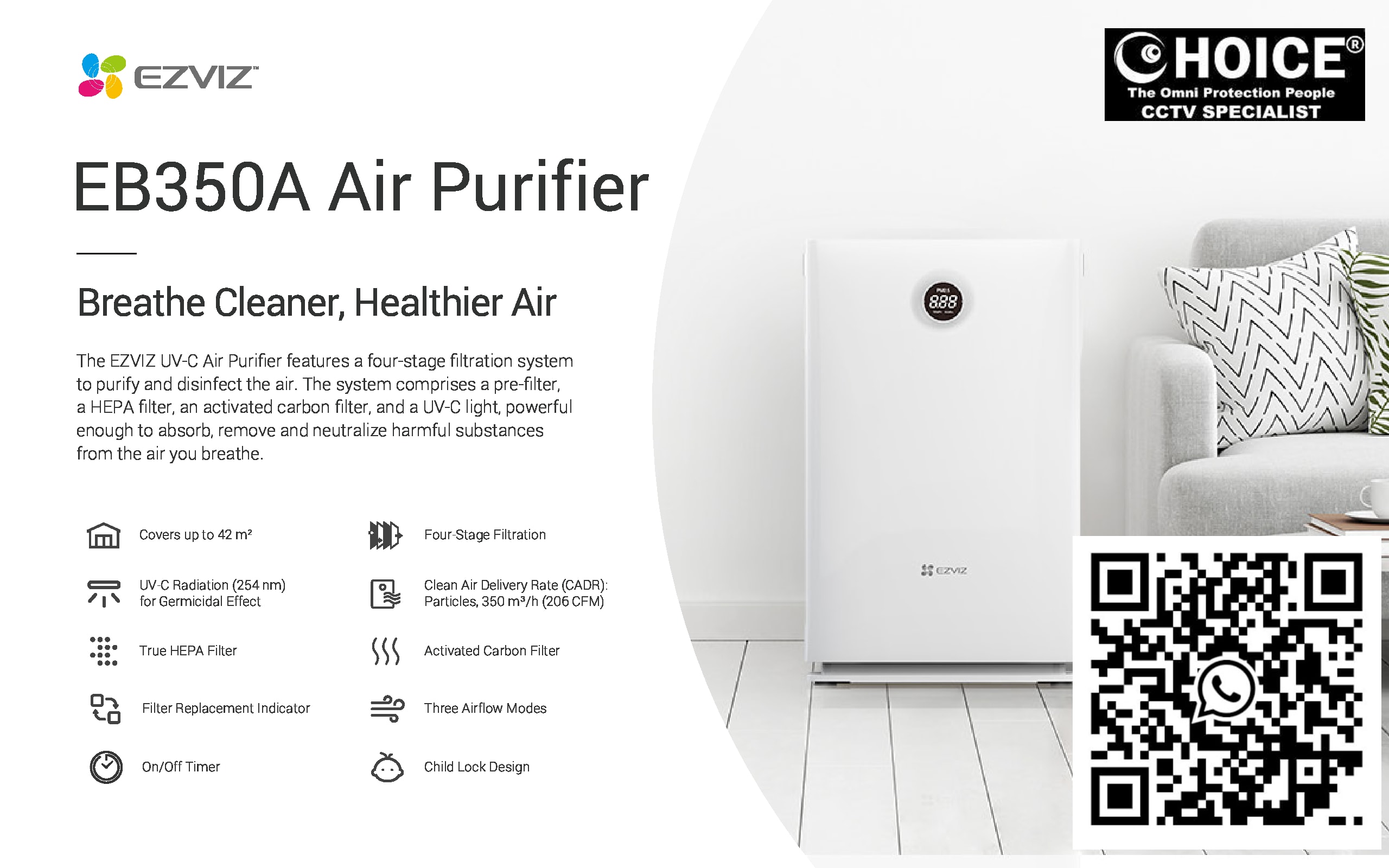 EZVIZ AIR PURIFIER EB350A True HEPA Filter Four-Stage Filtration UV-C Radiation 254nm Germicidal Effect killing Viruses and Bacteria Protect Your Loved Ones - Image 2