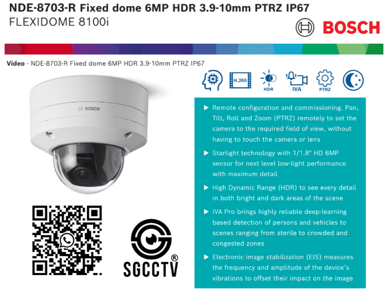 BOSCH GERMANY 4MP DOME NDE-8703R Flexidome 8100i PTRZ Video Analytics POE ONVIF Security CCTV Camera Installation Singapore