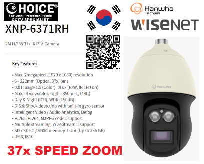 Hanwha Wisenet 37X PTZ XNP-6371RH 2MP 37X OPTICAL PAN TILT ZOOM KOREA Samsung Security Camera Singapore CCTV Camera Repair
