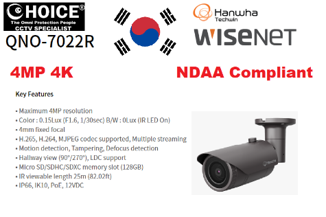 Hanwha Wisenet 4MP BULLET QNO-7022R Samsung Security Camera Singapore CCTV Camera Repair KOREA SECURITY NDAA Compliant