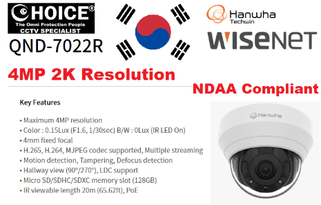 Hanwha Wisenet 4MP DOME QND-7022R Samsung Security Camera Singapore CCTV Camera Repair KOREA SECURITY NDAA Compliant