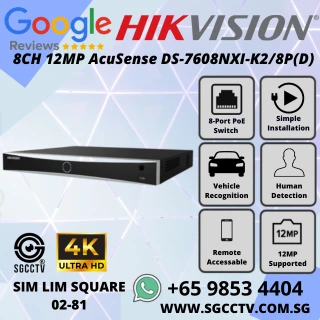 HIKVISION 8CH AcuSense NVR DS-7608NXI-K2/8P(D) PoE Camera 12MP H.265+ 1000Mbps Human Vehicle Detection Repair Replace Singapore HZ