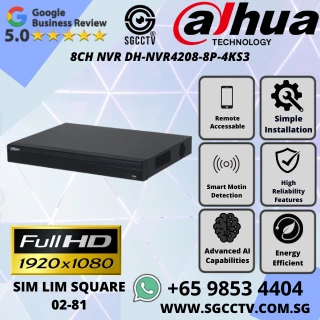 Dahua DH-NVR4208-8P-4KS3 8CH 4K PoE NVR with H265 plus AI smart detection 12MP full HD cameras Sim Lim Square Singapore YC