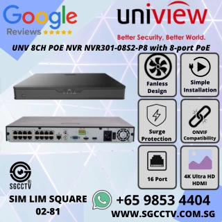 UNV 16CH NVR302-16S2-P16 with 16 PoE ports, dual HDD support, 4K HDMI output, H.265+, and remote access. Ideal for large CCTV setups in Singapore. NN