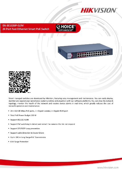 HIKVISION Network Switch DS-3E1326P-EIM 24 Port Fast Ethernet Smart POE Switch Security System Supplier Security system installation