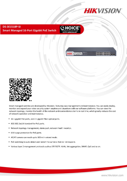 HIKVISION Network Switch DS-3E1518P-SI 16 Port Gigabit Smart POE Switch Security System Supplier Security system installation service