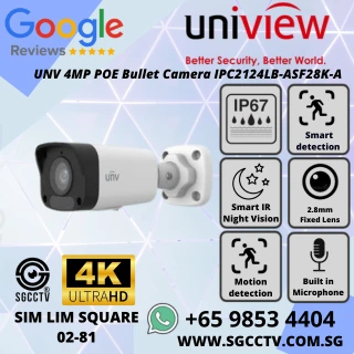 UNV 4MP POE Bullet Camera IPC2124LB-ASF28K-A with 2.8mm lens, 30m IR, H.265, IP67, built-in mic & smart detection. Outdoor-ready security for Singapore homes Repair and Replace Singapore NN
