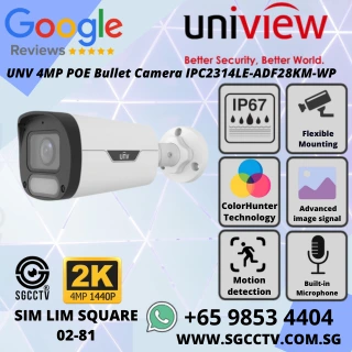 UNV 4MP POE Bullet Camera IPC2314LE-ADF28KM-WP with ColorHunter Night Vision, Built-in Mic, Wise-ISP, SD Card Slot, IP67. Repair & Replace in Singapore. NN