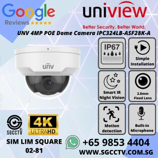 UNV 4MP POE Dome Camera IPC324LB-ASF28K-A with 2.8mm lens, 30m IR night vision, IP67 weatherproof, smart detection. Perfect for home & business security NN