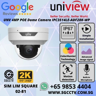 UNV 4MP POE Dome Camera IPC3514LE-ADF28K-WP with ColorHunter Night Vision, Built-in Mic, Wise-ISP, SD Card Slot, IP67. Repair & Replace in Singapore. NN