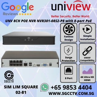 UNV 8CH POE NVR NVR301-08S2-P8 with 8-port PoE, 4K HDMI output, H.265+, mobile app, and ONVIF support. Ideal for homes and SMEs in Singapore. Repair & Replace. NN