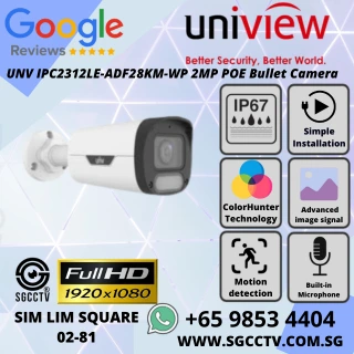 UNV IPC2312LE-ADF28KM-WP 2MP POE Bullet Camera offers 24/7 full-color imaging with ColorHunter technology, Wise-ISP image processing, and a built-in mic for audio surveillance NN