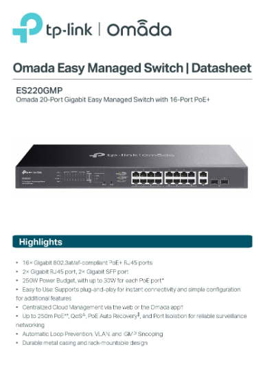 TP-LINK ES220GMP Omada 20-Port Gigabit Managed Switch 16-PoE 2-SFP Rack Mount CCTV Singapore Security System Repair NEW
