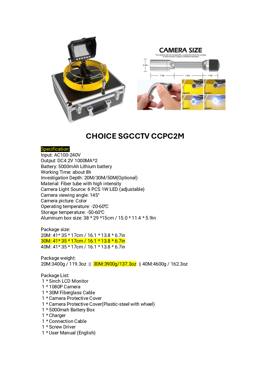 CHOICE PIPE CAMERA CCPC2M 20M 30M 40M IP68 Waterproof 2MP Full HD Robust Construction Waterproof Drain Pipe Sewer Inspection 7 CHOICE PIPE CAMERA CCPC2M 20M 30M 40M IP68 Waterproof 2MP Full HD Robust Construction Waterproof Drain Pipe Sewer Inspection - Image 7