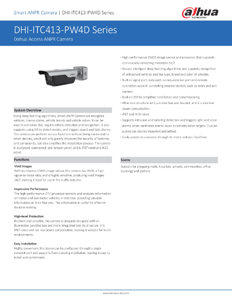 DAHUA DHI-ITC413-PW4D ANPR LPR Camera Intelligent Deep Learning Algorithms Intrusion Loitering Detection CARPARK CCTV CAMERA