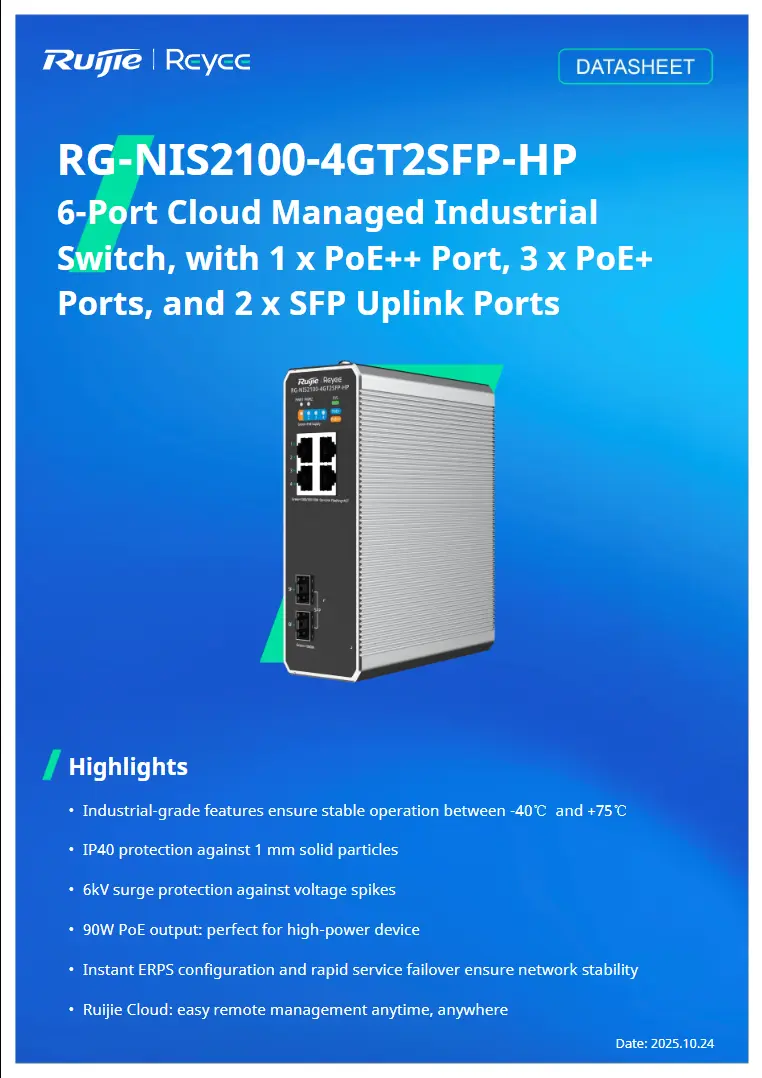 Ruijie RG-NIS2100-4GT2SFP-HP 6-Port Cloud Managed Industrial Switch – High-Performance, Reliable Networking for Industrial Environments