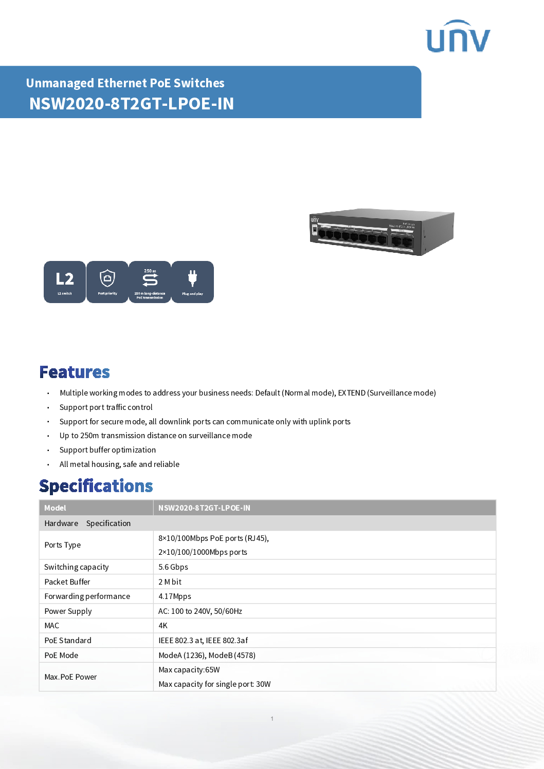 UNV UNIVIEW NSW2020-6T-POE-IN-V2Β Ethernet Switch (PoE) Support port traffic control Support buffer optimization NEW DB 7 UNV UNIVIEW NSW2020-6T-POE-IN-V2Β Ethernet Switch (PoE) Support port traffic control Support buffer optimization NEW DB - Image 7