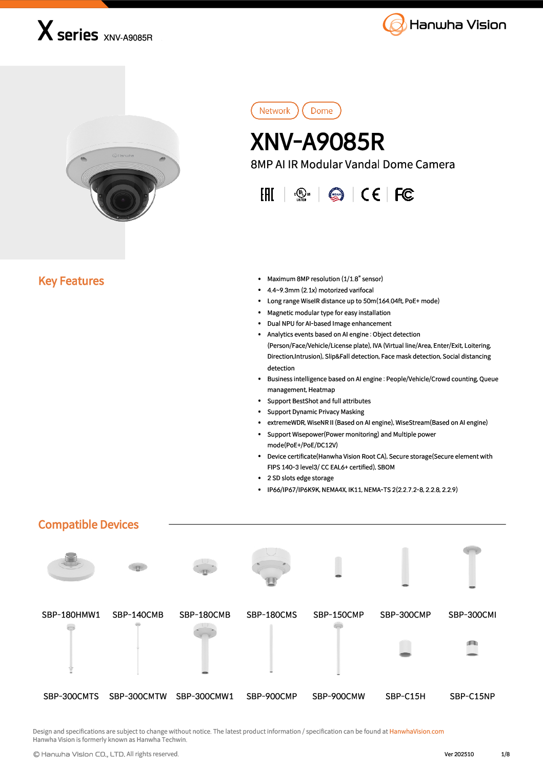 Hanwha Vision XNV-A9085R 4K AI IR Vandal Dome Camera NEW JJ 3 Hanwha Vision XNV-A9085R 4K AI IR Vandal Dome Camera NEW JJ - Image 3