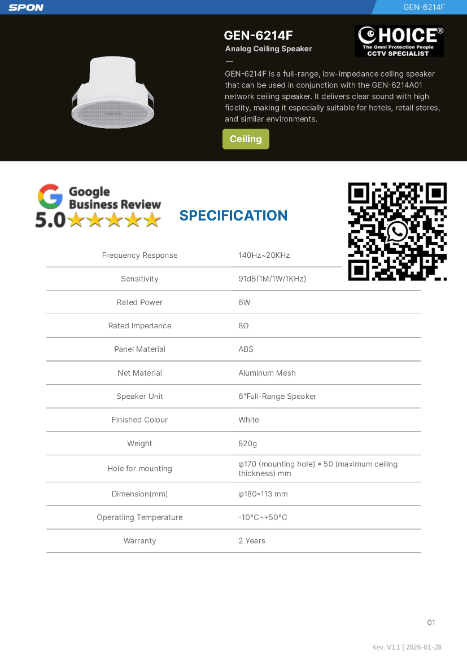 SPON GEN-6214F Analog Ceiling Speaker 6W 10W 15W Speaker Repair Replace Singapore Horn Speaker Outdoor Weatherproof