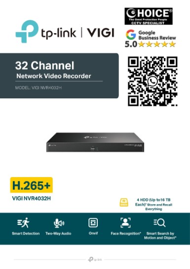 TP-Link VIGI NVR4032H 32 Channel Network Video Recorder 4K HDMI 16MP H.265+ ONVIF Compatible Plug-and-Play Repair Replace Singapore